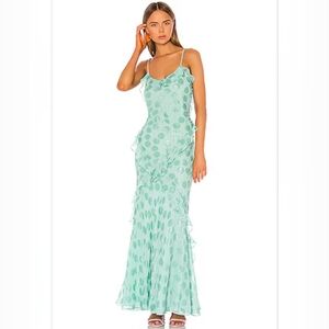 SALONI Tamara Dress Silk Ruffle Gown Sea Green Mint Polka Dot Mermaid Sz US 2